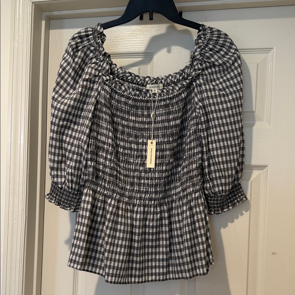 NWT Babydoll Smock Top Gingham Black&White Pheasant Summer On/off Shoulder XL